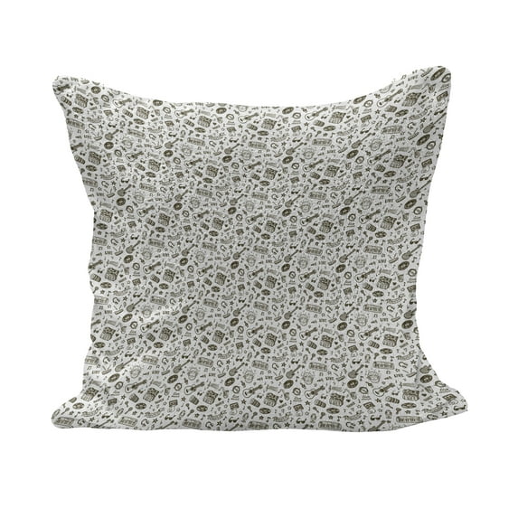 Hipster Fluffy Throw Pillow Cushion Cover, Hand Drawn Nostalgic Fun Dance Disco Theme Various Musical Instruments, Decorative Square Accent Pillow Case, 36" x 36", Olive Green and White, by Ambesonne