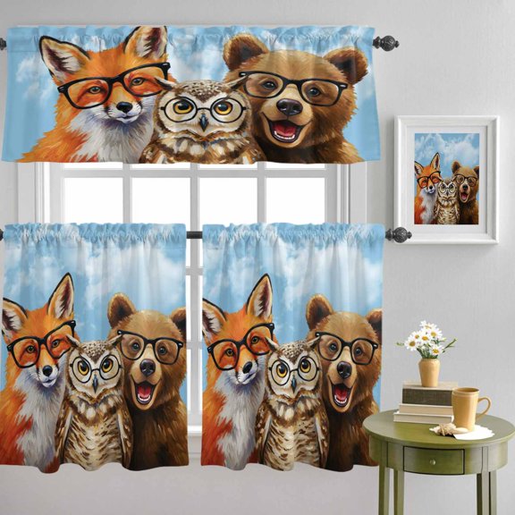 Hipster Fox Owl Curtain Tier and Valance Set 3 Piece, Bear with Glasses Abstract Animal Art 3-inch Rod Pocket Window Tier Curtains Valance for Kitchen Living Room