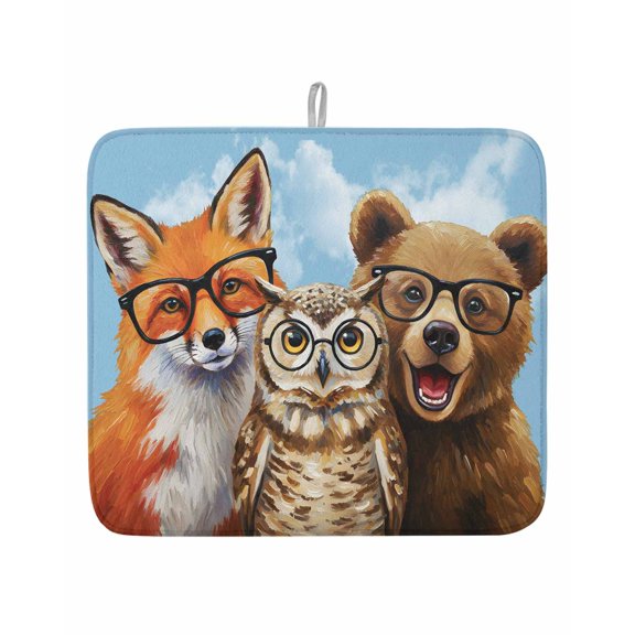 Hipster Fox Owl Dish Drying Mats for Kitchen Counter,Absorbent Microfiber Dish Drainer Rack Mat Bear with Glasses Abstract Animal Art Drying Pad for Sinks,Utensils,Countertops,16x18in