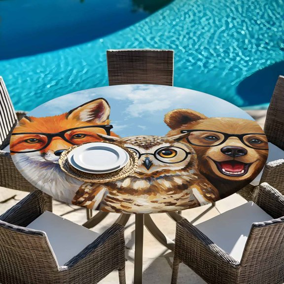 Hipster Fox Owl Round Fitted Tablecloth with Elastic Edge,Waterproof Table Cloth Fits Tables 45"-54",Wipeable Table Cover for Indoor Outdoor Dinning,Bear with Glasses Abstract Animal Pattern Art