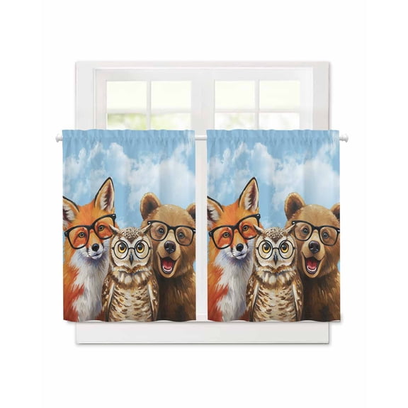 Hipster Fox Owl Short Blackout Curtains 45 Inch Long,Bear with Glasses Abstract Animal Art Rod Pocket Kitchen Curtains,2 Panels Thermal Insulated Room Darkening Drapes for Bedroom,30"W x 45"L