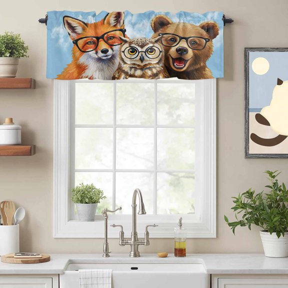 Hipster Fox Owl Valances for Windows,Kitchen Valance Rod Pocket Short Curtain, Bear with Glasses Abstract Animal Art Valance Curtain Window Valances for Bedroom Bathroom Living Room 54x18in