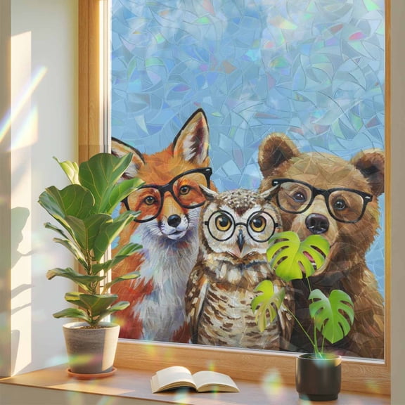 Hipster Fox Owl Window Privacy Film, Rainbow Film Decorative Window Sticker 17.7x39.3in, Bear with Glasses Abstract Animal Art Sun Blocking Static Stained Glass Cling Tint Non-Adhesive