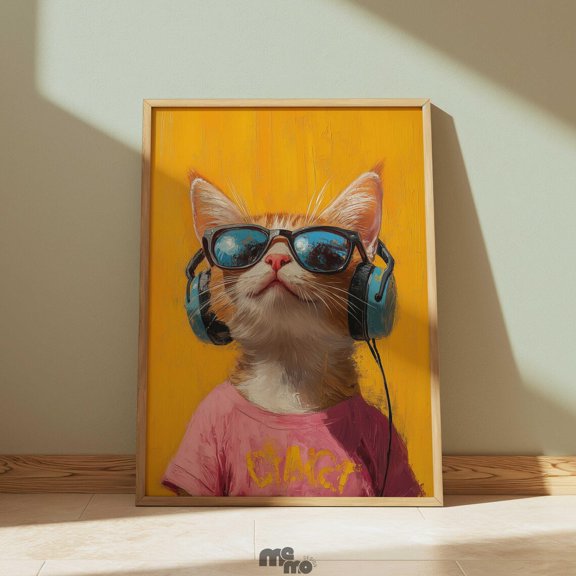 Hipster Ginger Cat DJ Wall Art Decor Unframed Paper Print
