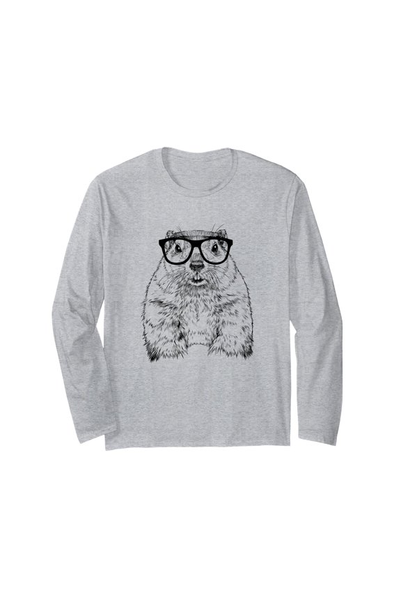 Hipster Groundhog in Nerd Glasses Graphic Long Sleeve T-Shirt for Casual Style