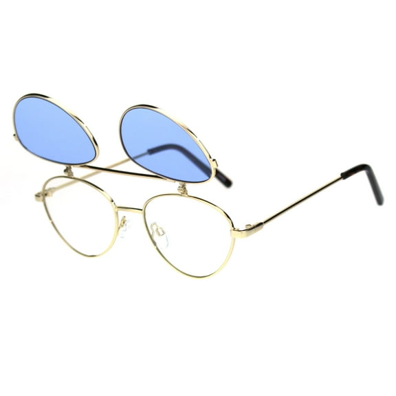 Hipster Hippie Pop Color Flip Up Lens Pimp Daddy Sunglasses Gold Blue