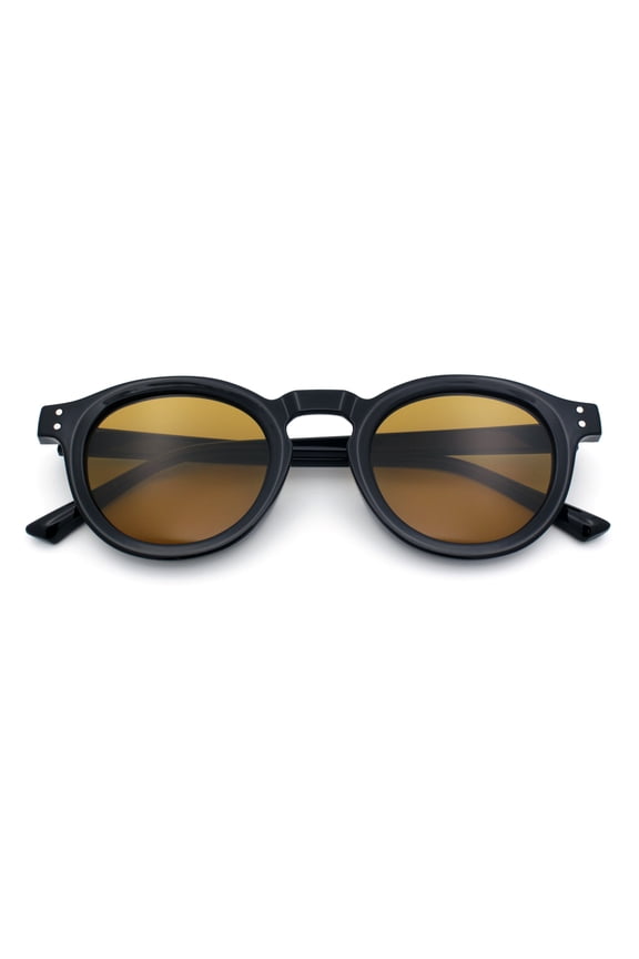 Hipster Keyhole Bridge Round Horn Rim Plastic Gentlemanly Sunglasses [Black - Brown]