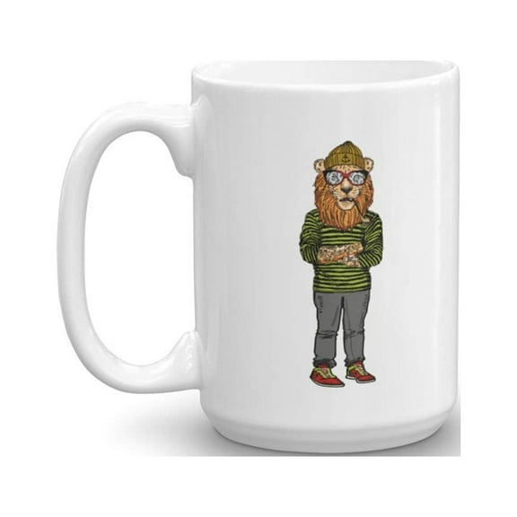 Hipster Lion With Tattoo & Wearing Trendy Hippie Clothes Novelty Animal Lovers' Coffee & Tea Gift Mug, Cup, Room Dcor, Items, Dinnerware & Things For Teen, Youth, Men & Women Hipsters (15oz)