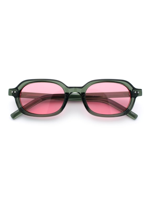 Hipster Narrow Oval Hustler Pop Color Lens Mid Temple Sunglasses Green - Pink