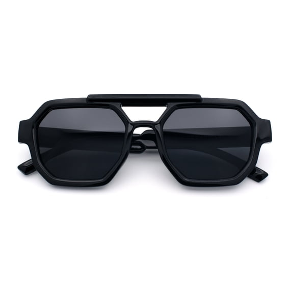 Hipster Octagonal Double Bridge Thick Bevel Plastic Racer Sunglasses All Black