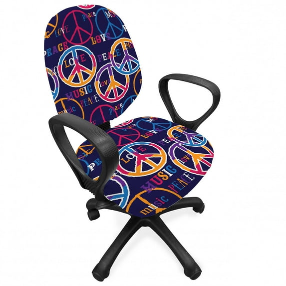 Hipster Office Chair Slipcover, Colorful Love Music Typography with Retro Concept Peace Sign, Protective Stretch Decorative Fabric Cover, Standard Size, Multicolor, by Ambesonne
