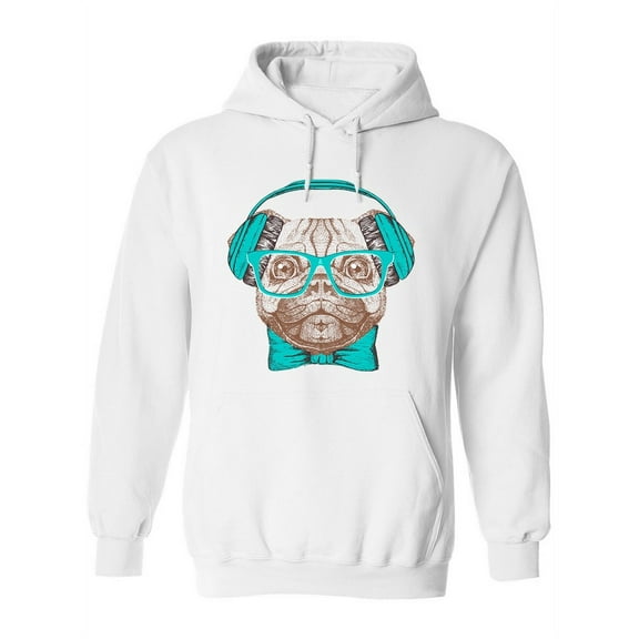 Hipster Pug Blue Headphones. Hoodie Women -Image by Shutterstock, Female Medium