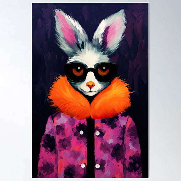 Hipster Rabbit With Purple Fur Coat And Sunglasses Fashion Art Print Poster Wall Art, Modern Wall Decor For Living Room Bedroom, 12x18 UNFRAMED