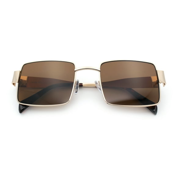 Hipster Rectangle Y2K Hustler Metal Rim Retro Fashion Sunglasses Gold - Brown