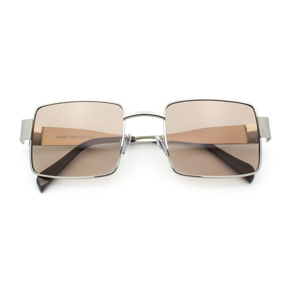 Hipster Rectangle Y2K Hustler Metal Rim Retro Fashion Sunglasses Silver - Light Brown