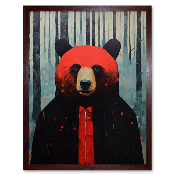 Hipster Red Bear Artwork Oil Painting Black Blue Artwork Forest Trees Art Print Framed Poster Wall Decor 12x16 inch