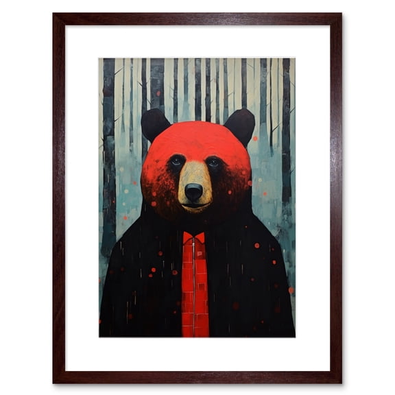 Hipster Red Bear Artwork Oil Painting Black Blue Artwork Forest Trees Artwork Framed Wall Art Print 9X7 Inch