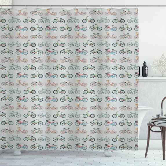 Hipster Shower Curtain, Sketch Art Pattern Bicycles Urban Vehicles Transportation Hobby Exercise Fun Ride, Fabric Bathroom Set with Hooks, 69W X 70L Inches, Multicolor, by Ambesonne