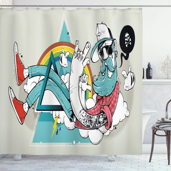 Hipster Shower Curtain, Tattooed Cool Dude with Long Beard Going Through Abstract Triangle Shape on Clouds, Fabric Bathroom Set with Hooks, 69W X 70L Inches, Multicolor, by Ambesonne