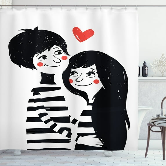 Hipster Shower Curtain, Valentines Day Theme Romantic Young Couple in Love Girl and Boy with Heart, Fabric Bathroom Set with Hooks, 69W X 84L Inches Extra Long, Black White and Red, by Ambesonne