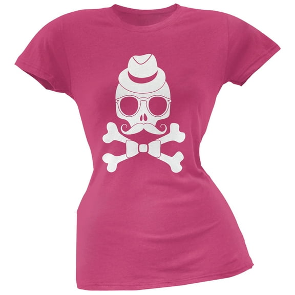 Hipster Skull And Crossbones Berry Pink Soft Juniors T-Shirt - X-Large