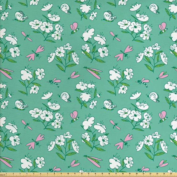 Ambesonne Hipster Fabric by the Yard Upholstery, Blooming Butterflies Sketch, 2 Yards, Seafoam and Pale Pink