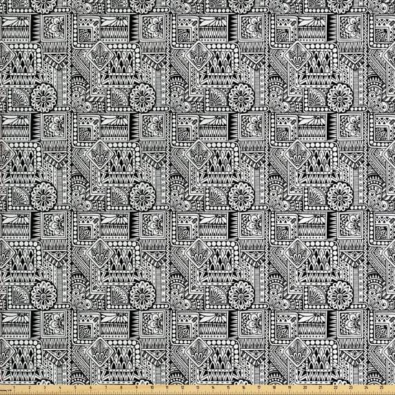 Ambesonne Hipster Fabric by the Yard Upholstery, Aboriginal Monochrome Forms, 3 Yards, Black White