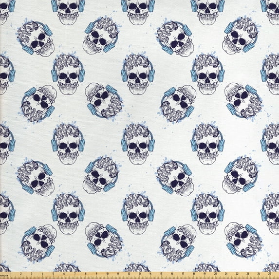 Hipster Sofa Upholstery Fabric by the Yard, Pattern of Outline Skull with Headphones Splashes, Decorative Fabric for DIY and Home Accents, Indigo Pale Sky Blue by Ambesonne