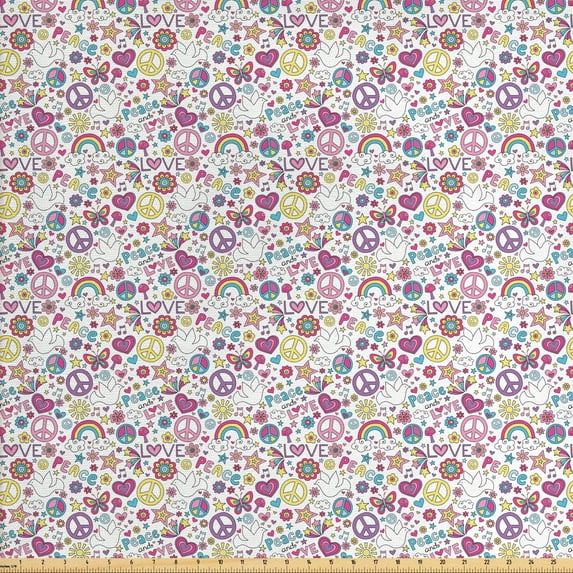 Ambesonne Hipster Fabric by the Yard Upholstery, Sixties of Peace, 10 Yards, Multicolor
