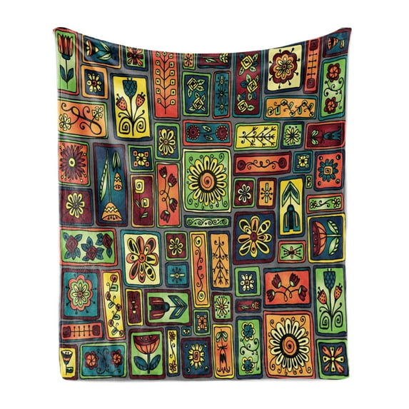 Hipster Soft Flannel Fleece Blanket, Abstract Doodle Flowers Leaves and Hearts in Geometrical Shapes Rectangles Squares, Cozy Plush for Indoor and Outdoor Use, 70" x 90", Multicolor, by Ambesonne