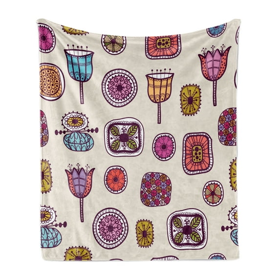 Hipster Soft Flannel Fleece Blanket, Abstract Shapes with Retro Inspired Colors Flowers Squares Circles Hand Drawn Art, Cozy Plush for Indoor and Outdoor Use, 50" x 60", Multicolor, by Ambesonne