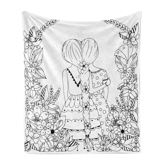 Hipster Soft Flannel Fleece Blanket, Girlfriends with Conjoined Ponytails Hugging Friendship Coloring Book Style Design, Cozy Plush for Indoor and Outdoor Use, 50" x 60", Black White, by Ambesonne