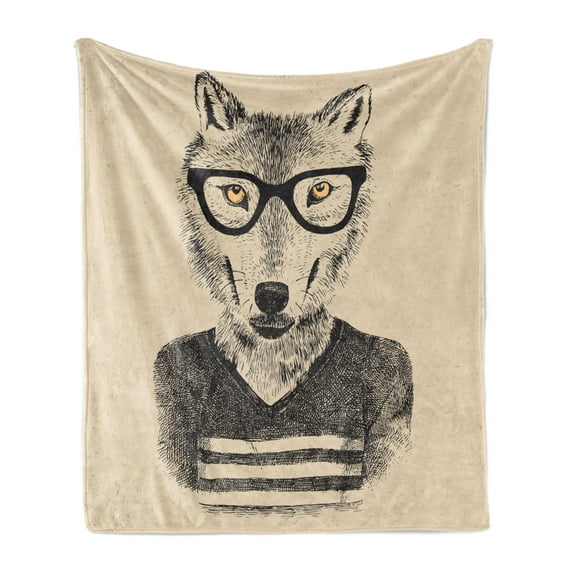 Hipster Soft Flannel Fleece Blanket, Hand Drawn Design Portrait of Happy Wolf in Stripped T Shirt and Glasses, Cozy Plush for Indoor and Outdoor Use, 60" x 80", Beige Charcoal Grey, by Ambesonne