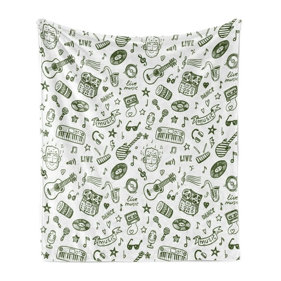 Hipster Soft Flannel Fleece Blanket, Hand Drawn Nostalgic Fun Dance Disco Theme Various Musical Instruments, Cozy Plush for Indoor and Outdoor Use, 50" x 70", Olive Green and White, by Ambesonne