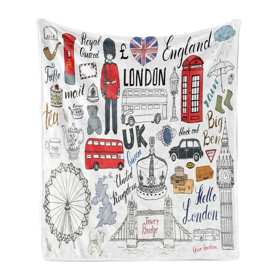 Hipster Soft Flannel Fleece Blanket, I Love London Double Decker Bus Telephone Booth Cab Crown of United Kingdom Big Ben, Cozy Plush for Indoor and Outdoor Use, 70" x 90", Multicolor, by Ambesonne