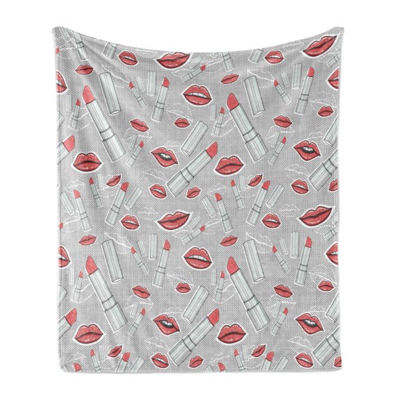 Hipster Soft Flannel Fleece Blanket, Make up Pattern Lips and Lipstick Fashion Girl Theme Beauty Treatment Cosmetic Design, Cozy Plush for Indoor and Outdoor Use, 50" x 60", Red Grey, by Ambesonne