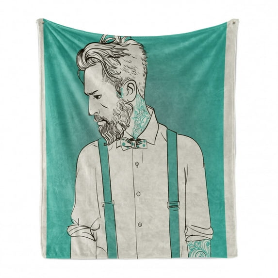 Hipster Soft Flannel Fleece Blanket, Modern Young Man and Tattoos and Bowtie Good-looking Beau Handsome Guy, Cozy Plush for Indoor and Outdoor Use, 60" x 80", Coconut and Sea Green, by Ambesonne