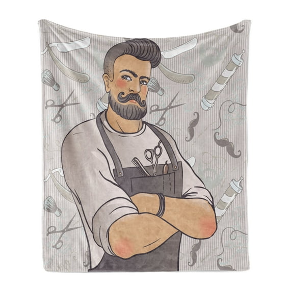 Hipster Soft Flannel Fleece Blanket, Muscular Barber Man with Hipster Hairstyle and Mustache on Graphic Shaving Elements, Cozy Plush for Indoor and Outdoor Use, 70" x 90", Multicolor, by Ambesonne