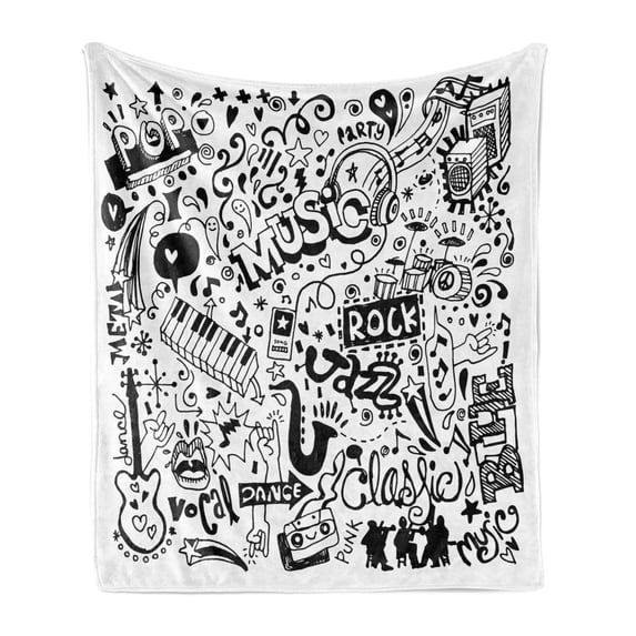 Hipster Soft Flannel Fleece Blanket, Music Themed Motif with Abstract Drawing Rock Jazz Blues Genre Classic Dancing, Cozy Plush for Indoor and Outdoor Use, 60" x 80", White and Black, by Ambesonne