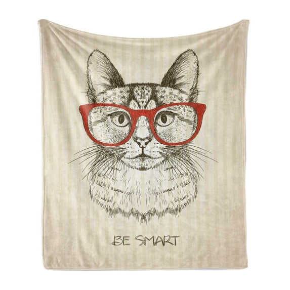 Hipster Soft Flannel Fleece Throw Blanket, Animal Kitten Cat with Vintage Retro Words Glasses Sketchy Artwork, Cozy Plush for Indoor and Outdoor Use, 50" x 60", Olive Green Vermilion, by Ambesonne