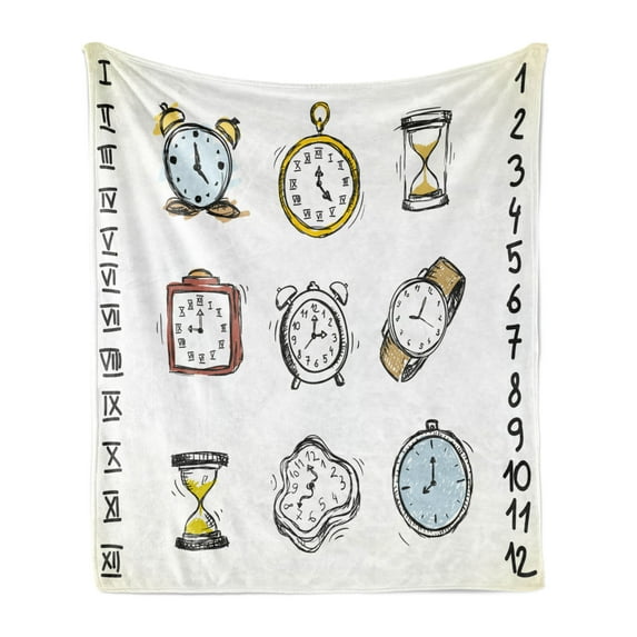 Hipster Soft Flannel Fleece Throw Blanket, Assortment of Vintage Watchesd Doodled Clocks Hand Drawn Illustration, Cozy Plush for Indoor and Outdoor Use, 60" x 80", White and Black, by Ambesonne