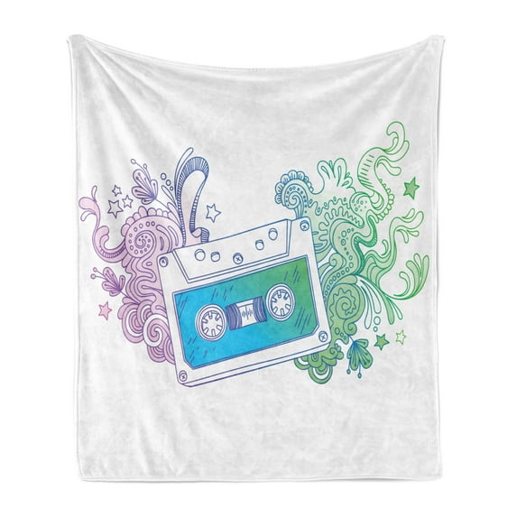 Hipster Soft Flannel Fleece Throw Blanket, Audio Cassette Tape with Line Art Floral Musical Old Fashion Melody Print, Cozy Plush for Indoor and Outdoor Use, 50" x 60", Blue Mint Purple, by Ambesonne