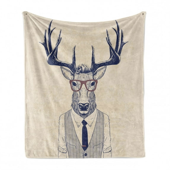 Hipster Soft Flannel Fleece Throw Blanket, Business Man Humanized Manly Deer Contemporary Art, Cozy Plush for Indoor and Outdoor Use, 60" x 80", Indigo Champagne, by Ambesonne