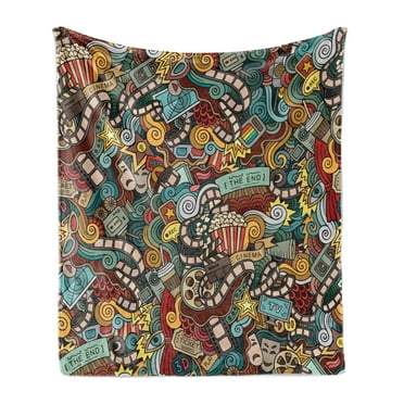 Hipster Soft Flannel Fleece Throw Blanket, Cinema Items Combined in an Abstract Style Popcorn Movie Reel the End Theatre, Cozy Plush for Indoor and Outdoor Use, 50" x 60", Multicolor, by Ambesonne