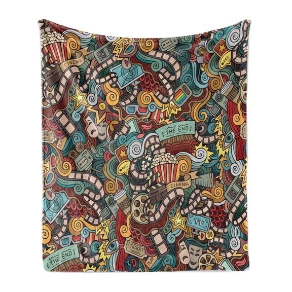 Hipster Soft Flannel Fleece Throw Blanket, Cinema Items Combined in an Abstract Style Popcorn Movie Reel the End Theatre, Cozy Plush for Indoor and Outdoor Use, 50" x 60", Multicolor, by Ambesonne