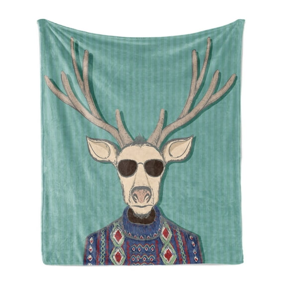 Hipster Soft Flannel Fleece Throw Blanket, Colorful Drawing of Anthropomorphic Deer with Sweater and Sunglasses on Stripes, Cozy Plush for Indoor and Outdoor Use, 50" x 60", Multicolor, by Ambesonne