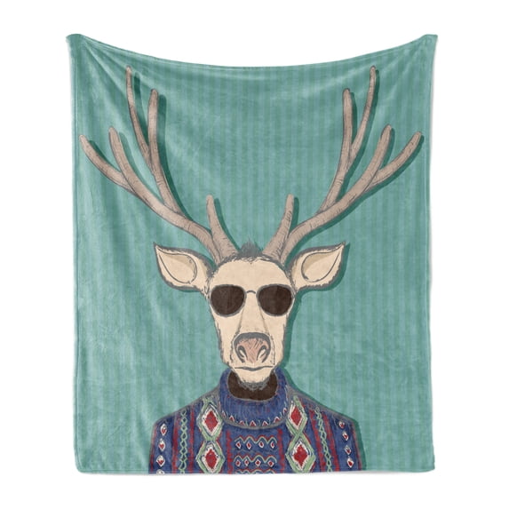 Hipster Soft Flannel Fleece Throw Blanket, Colorful Drawing of Anthropomorphic Deer with Sweater and Sunglasses on Stripes, Cozy Plush for Indoor and Outdoor Use, 60" x 80", Multicolor, by Ambesonne