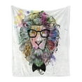 thumbnail image 1 of Hipster Soft Flannel Fleece Throw Blanket, Creative Outline Portrait King of the Forest Lion Bow with Vivid Splashes, Cozy Plush for Indoor and Outdoor Use, 50" x 70", Multicolor, by Ambesonne, 1 of 5