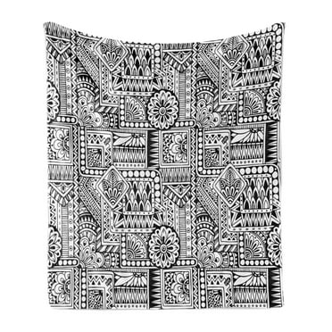Hipster Soft Flannel Fleece Throw Blanket, Design with Some Geometrical Shapes with Leaves and Dots Culture, Cozy Plush for Indoor and Outdoor Use, 50" x 60", Black White, by Ambesonne