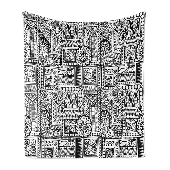 Hipster Soft Flannel Fleece Throw Blanket, Design with Some Geometrical Shapes with Leaves and Dots Culture, Cozy Plush for Indoor and Outdoor Use, 60" x 80", Black White, by Ambesonne